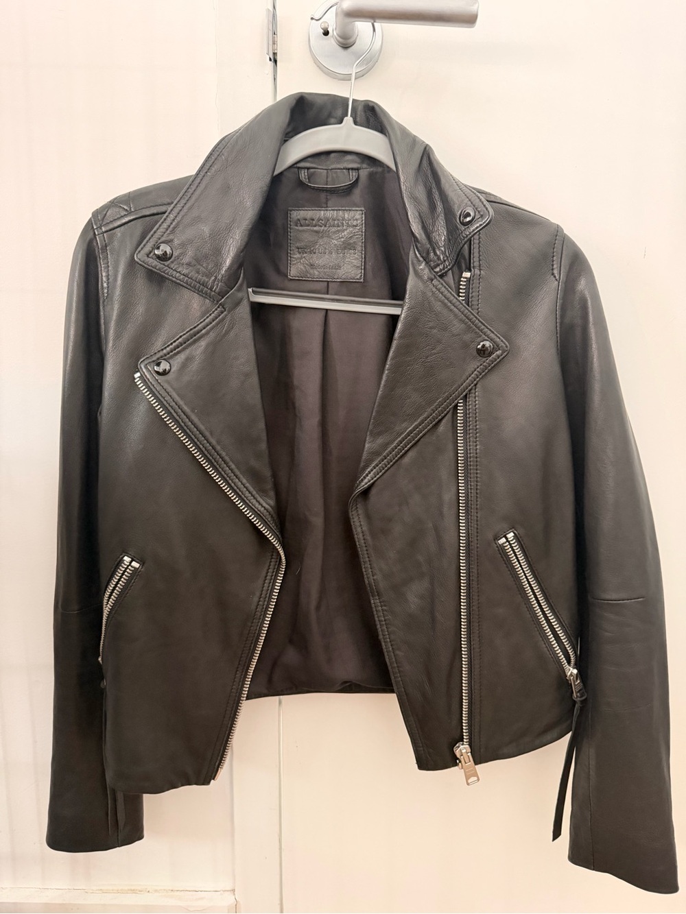 AllSaints Black Leather Moto Jacket with Silver Hardware